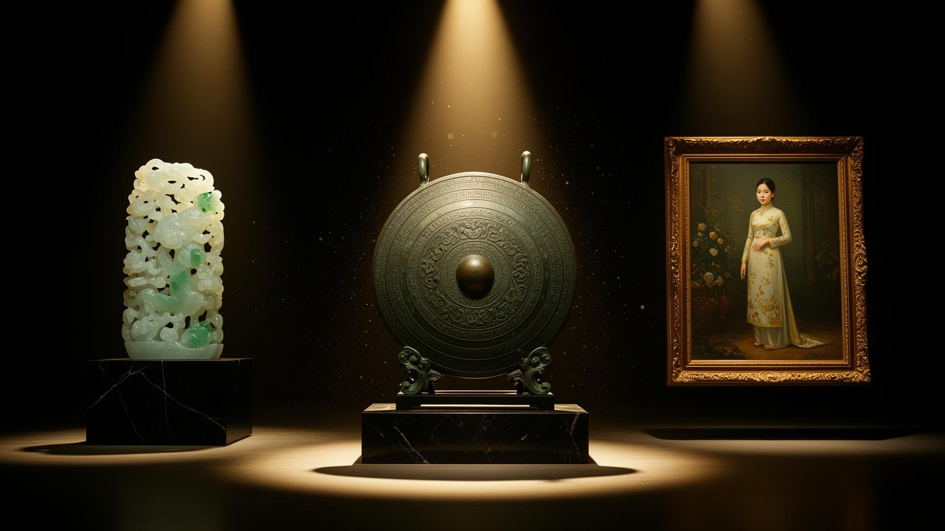 Three museum treasures — jade carving, bronze antiquity and Indochine painting — under warm champagne-gold spotlights